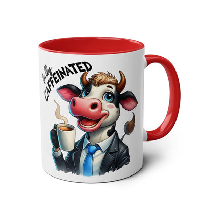 Fun Sarcastic Coffee Mug with cow design, red interior, and text "Fully Caffeinated".