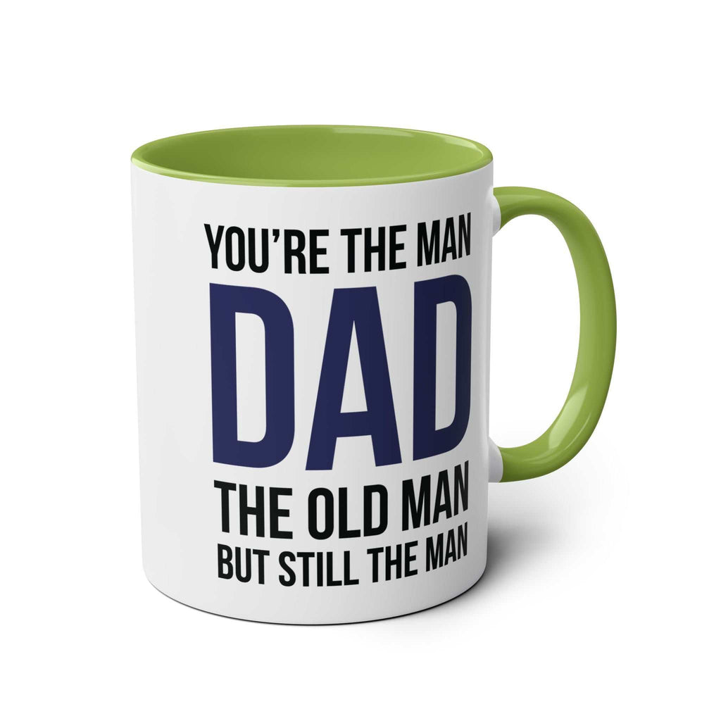 Fun Fathers Day Gift Mug with humorous text for dads, available in multiple colors, 11oz ceramic, sublimation print, microwave and dishwasher safe.