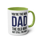 Fun Fathers Day Gift Mug with humorous text for dads, available in multiple colors, 11oz ceramic, sublimation print, microwave and dishwasher safe.