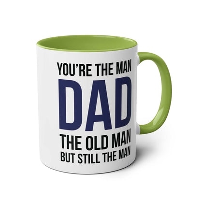 Fun Fathers Day Gift Mug with humorous text for dads, available in multiple colors, 11oz ceramic, sublimation print, microwave and dishwasher safe.