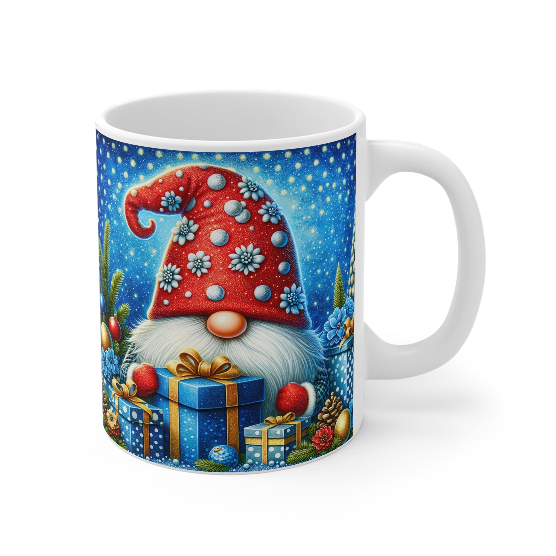 Cute gnome Christmas mug with festive design, sublimation print, 11oz ceramic, glossy finish.