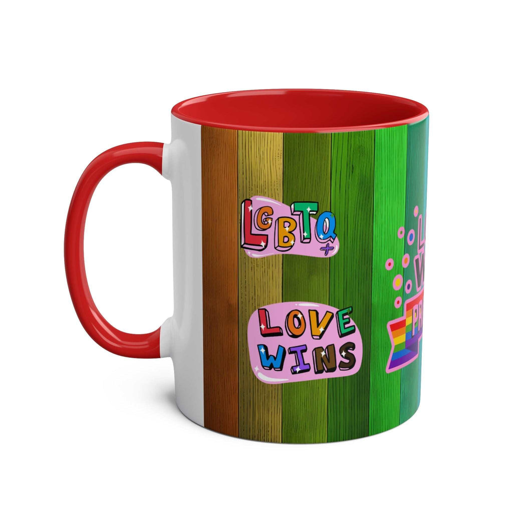 LGBTQ+ Pride Mug with vibrant rainbow design and red handle, celebrating love and equality.