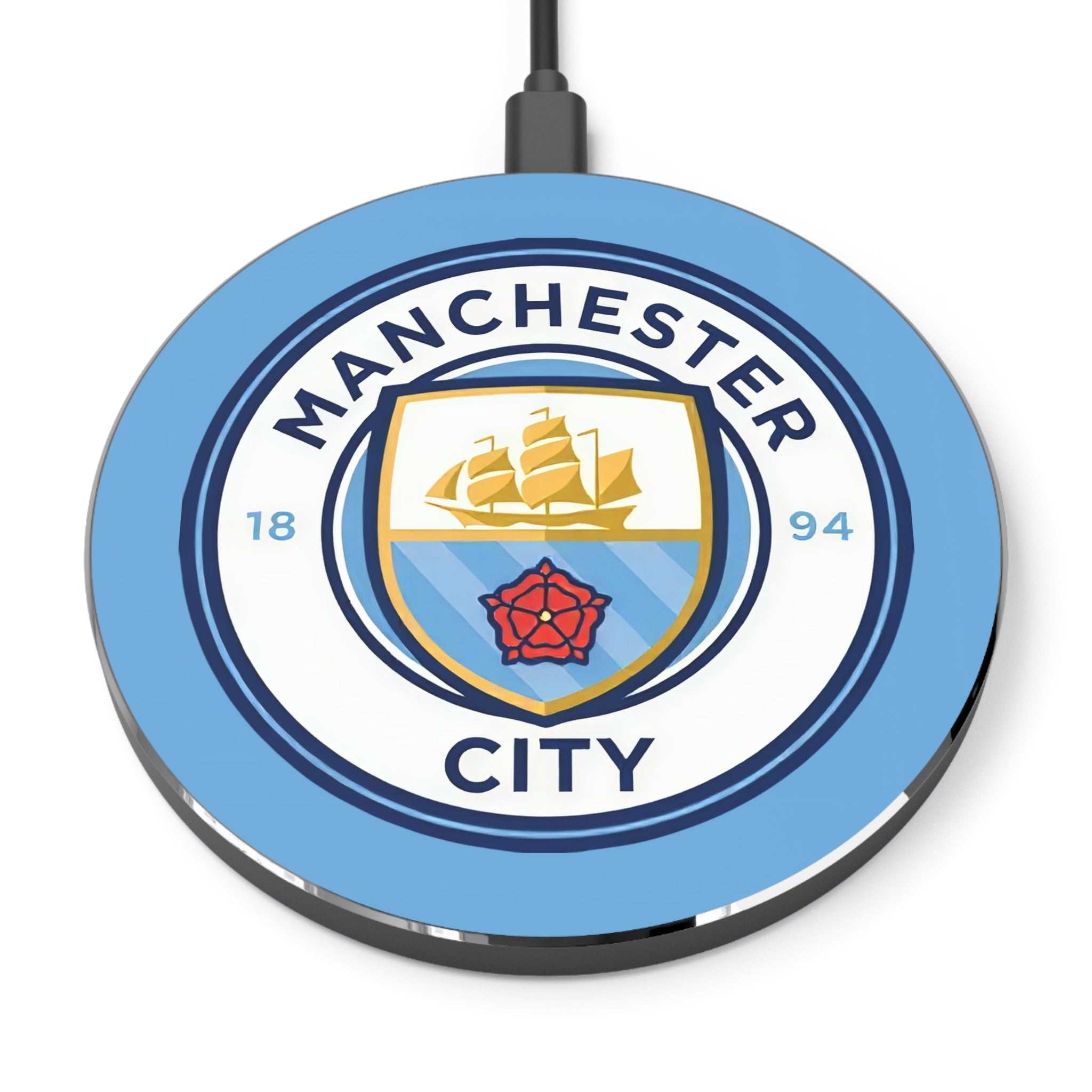 Manchester City wireless charger with 10W fast charging and club crest design