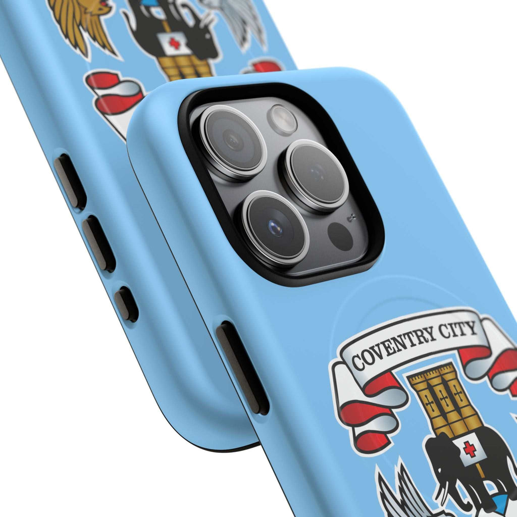 Close-up of a sky blue Coventry City MagSafe iPhone case with official-inspired crest and dual-layer protection.