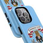 Close-up of a sky blue Coventry City MagSafe iPhone case with official-inspired crest and dual-layer protection.
