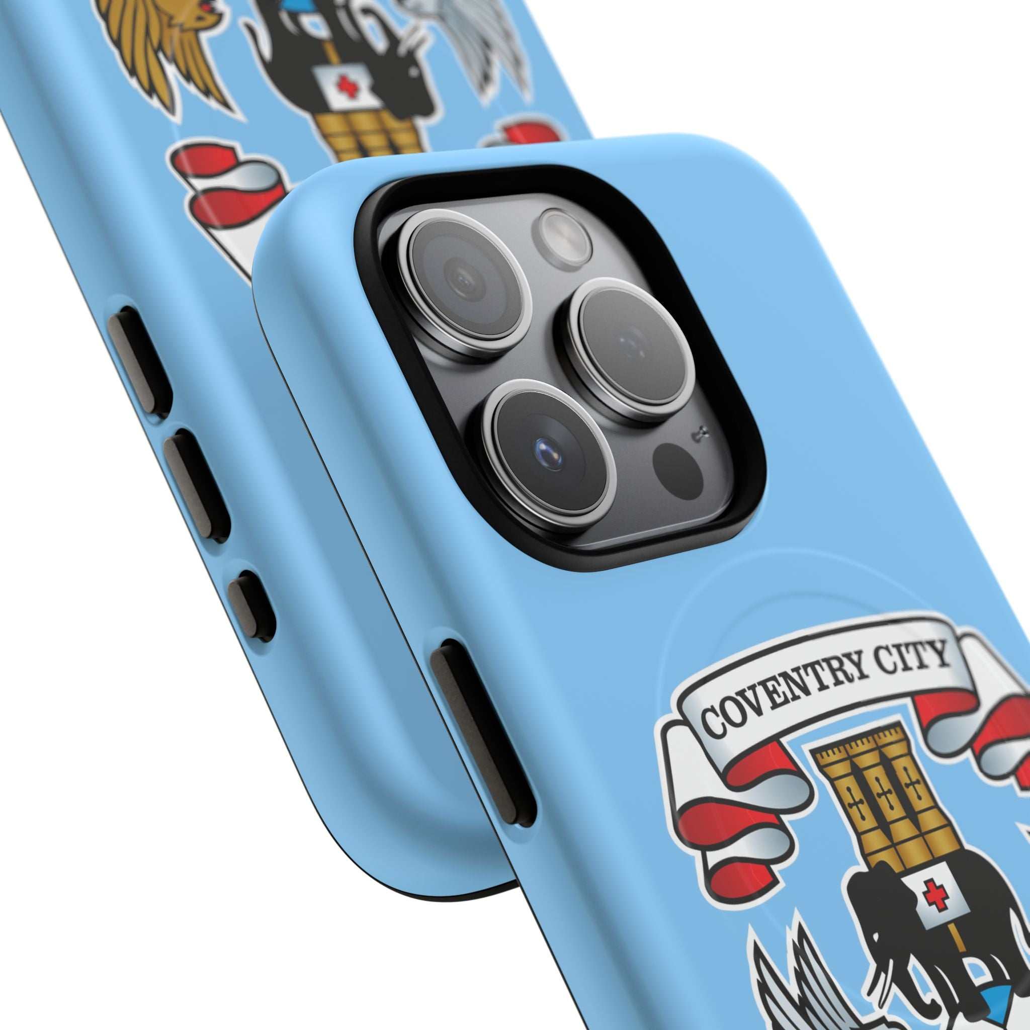Close-up of a sky blue Coventry City MagSafe iPhone case with official-inspired crest and dual-layer protection.