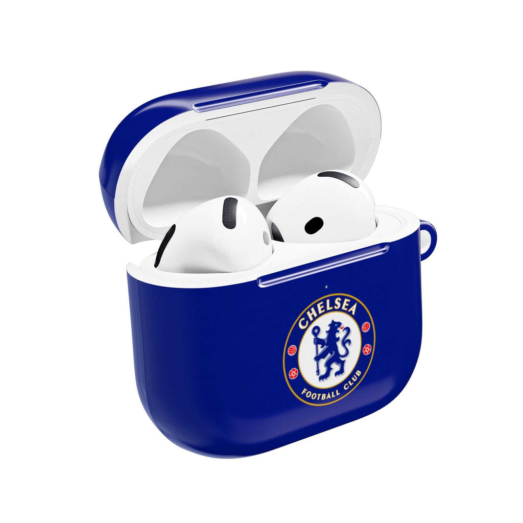 Chelsea FC AirPods protective case in royal blue with club crest, durable and shock-resistant, compatible with AirPods and AirPods Pro.