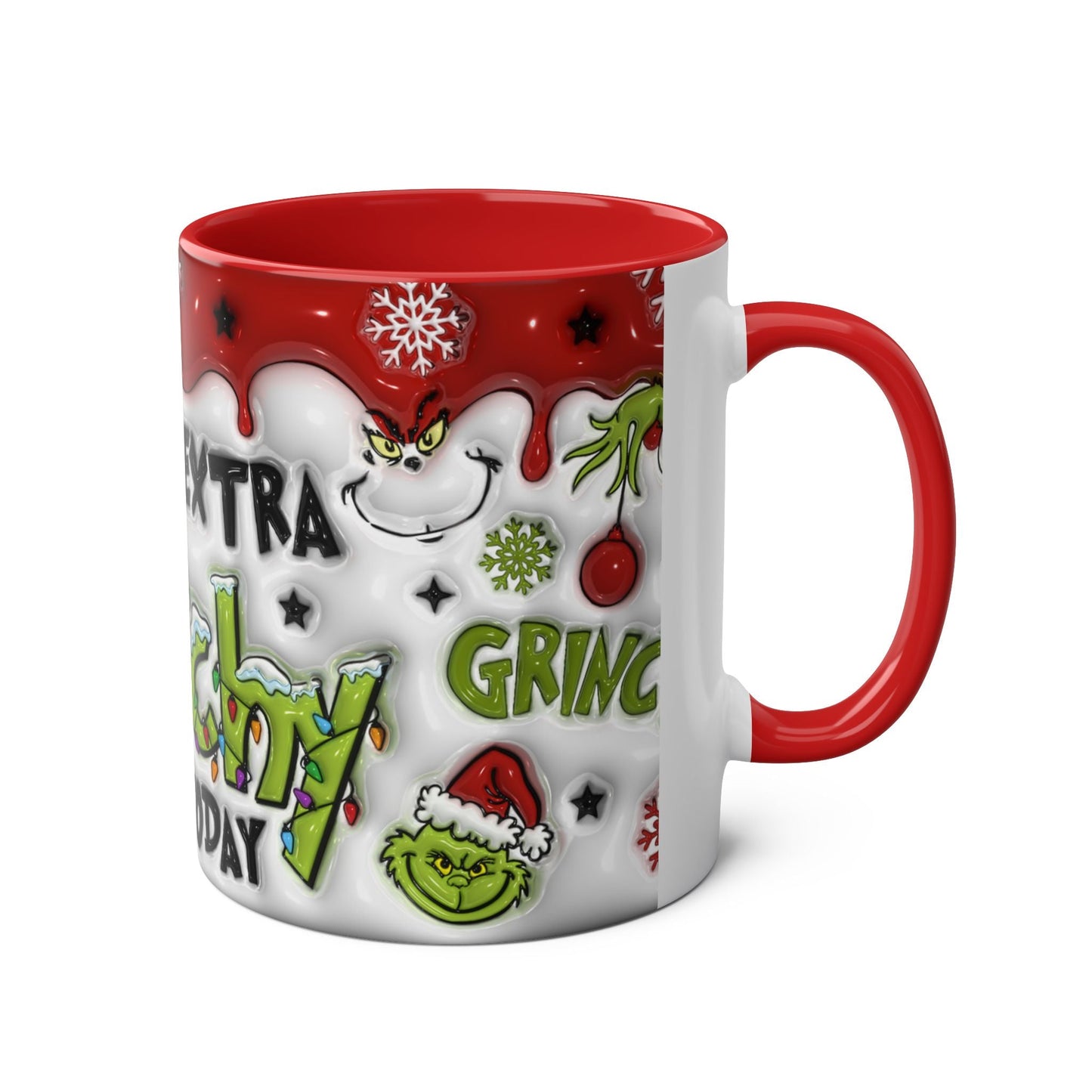 Grinchy Christmas Mug with festive design, glossy finish, 11oz ceramic, microwave and dishwasher safe.