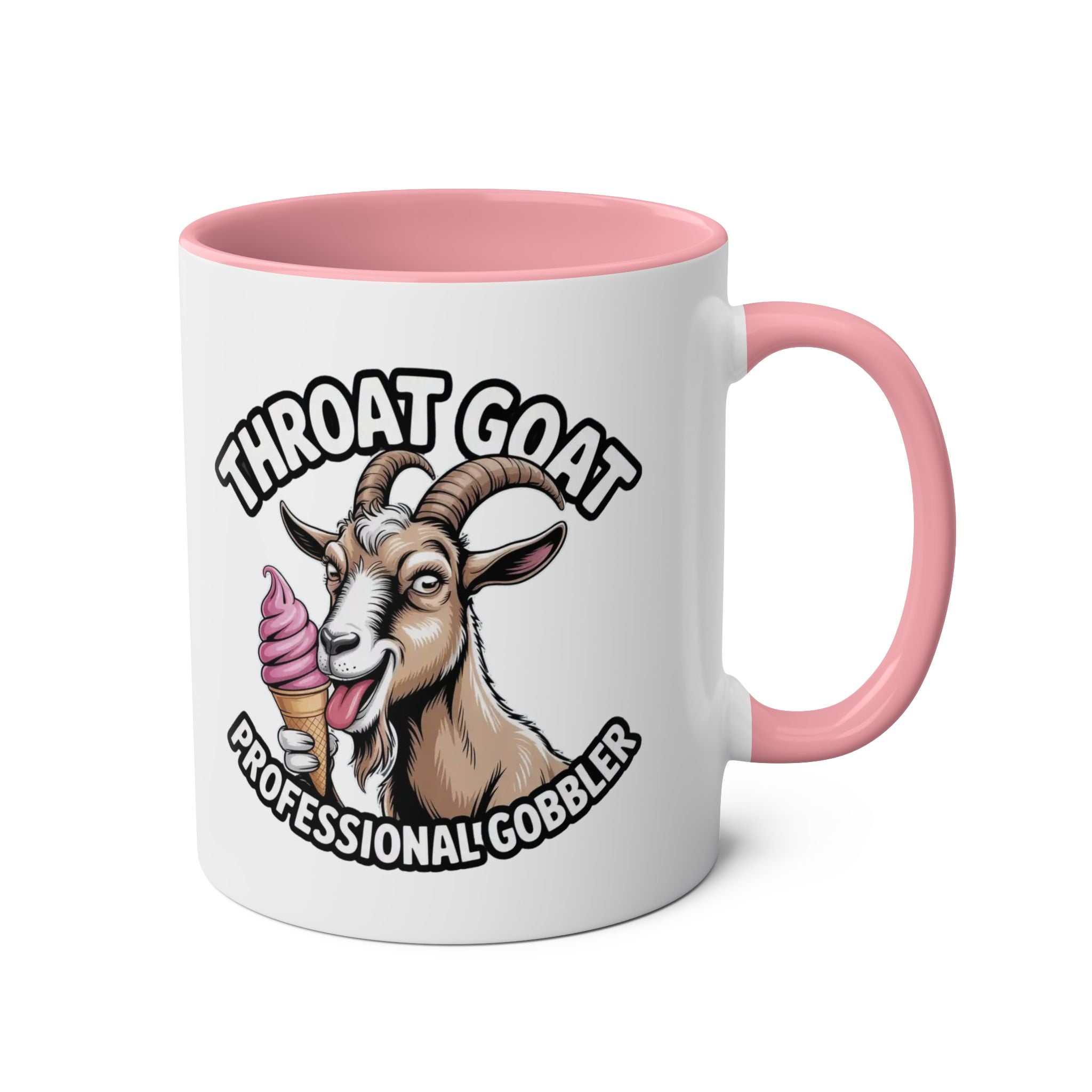Throat Goat Mug ceramic coffee cup with bold adult humor design and glossy finish