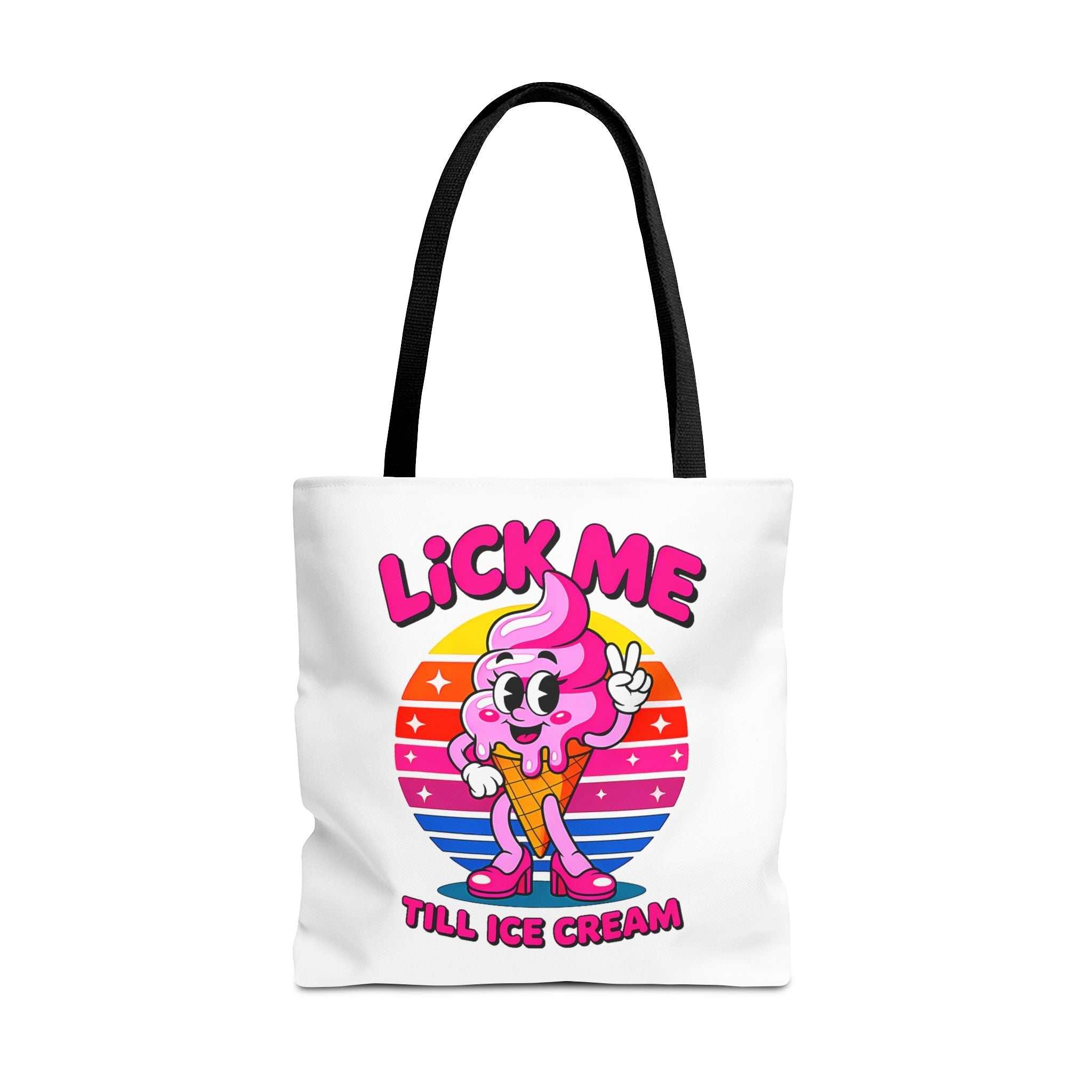 Cheeky Lick Me Till Ice Cream Tote Bag with multiple sizes and handle colors, durable spun polyester design