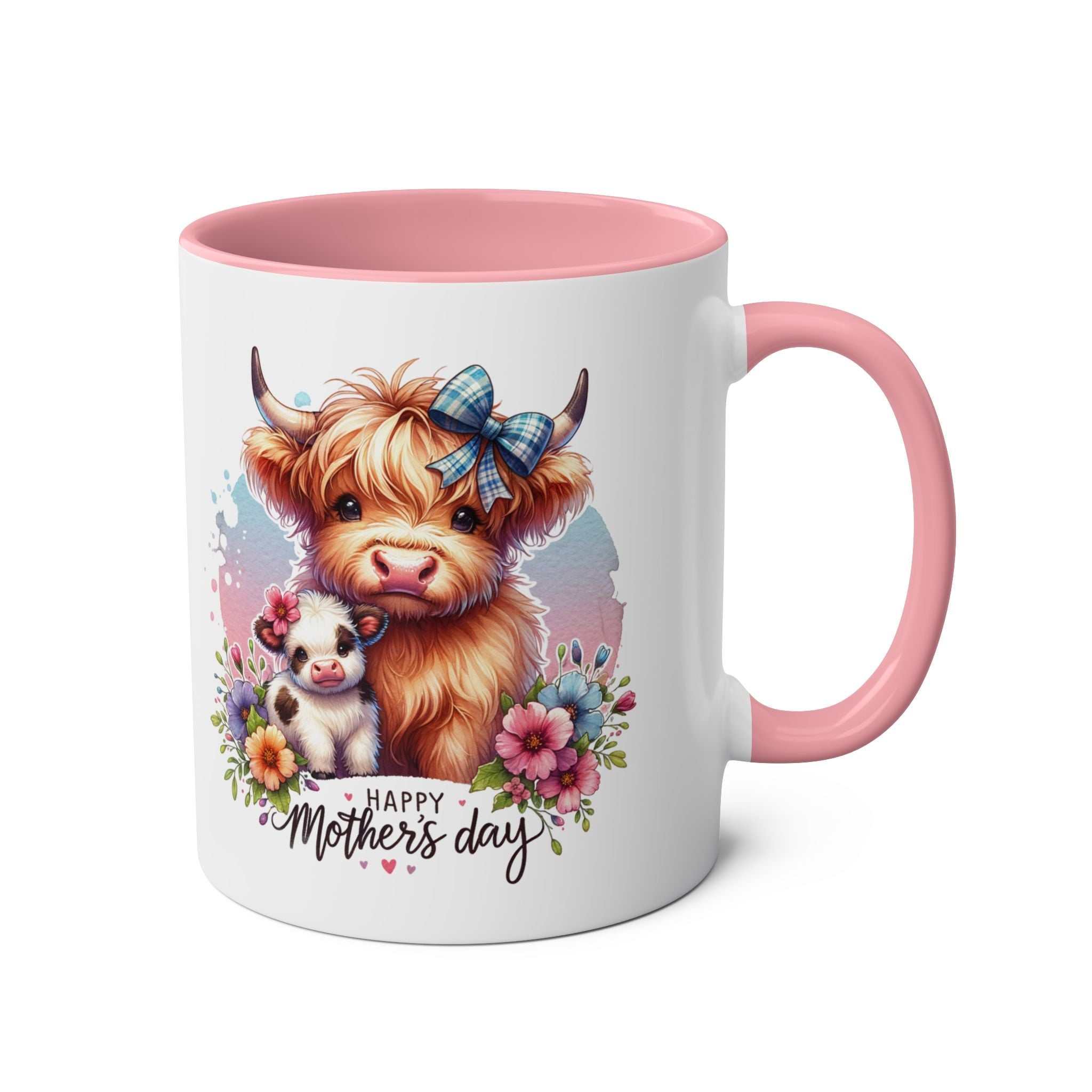 Cute Highland Cow Mother's Day Gift Mug with pink handle and interior, featuring a cuddly highland cow design and floral accents.