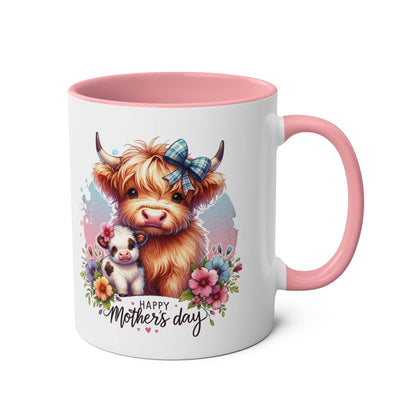 Cute Highland Cow Mother's Day Gift Mug with pink handle and interior, featuring a cuddly highland cow design and floral accents.