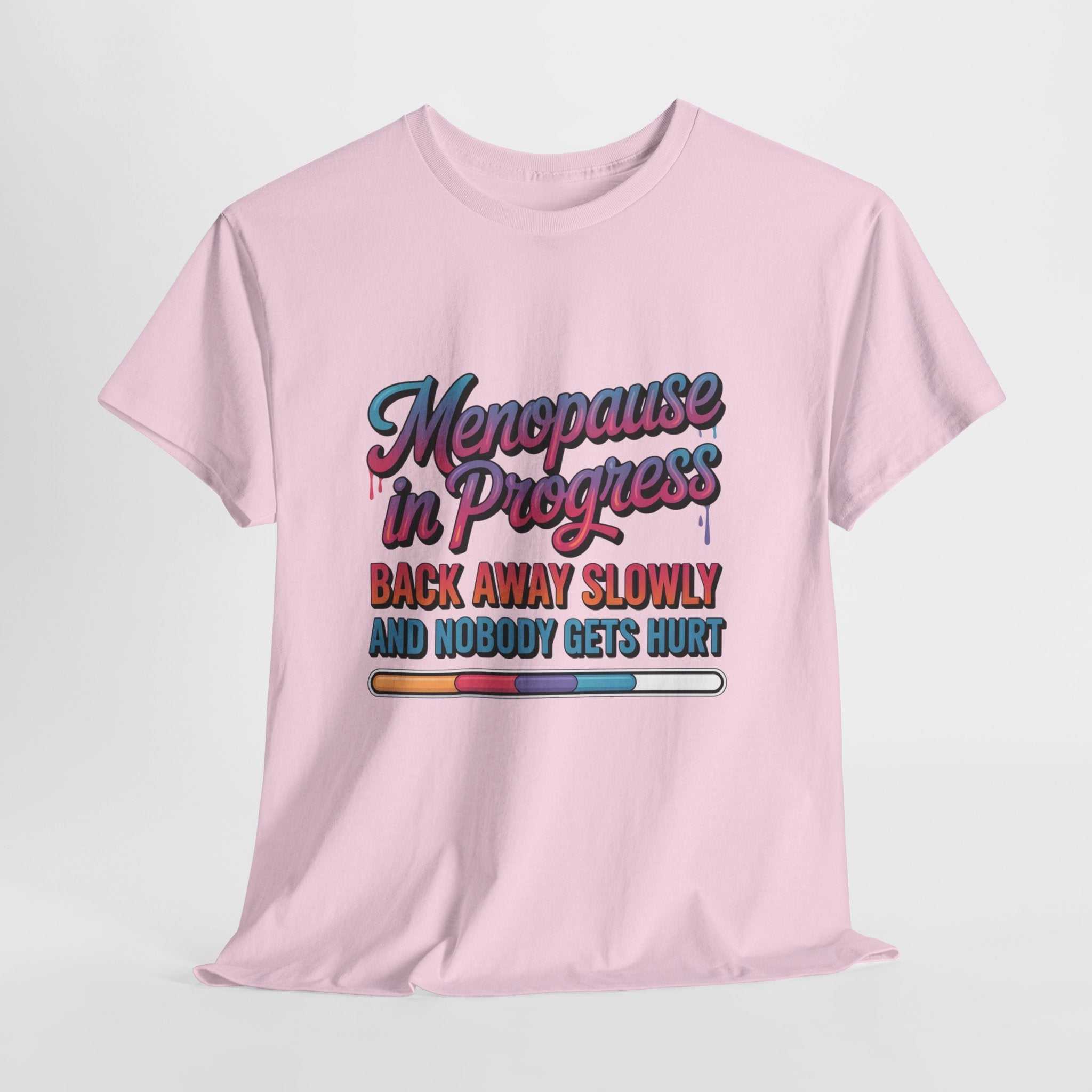 Menopause In Progress T-Shirt with "Warning: Hot flashes loading" humorous text and comfortable cotton fabric