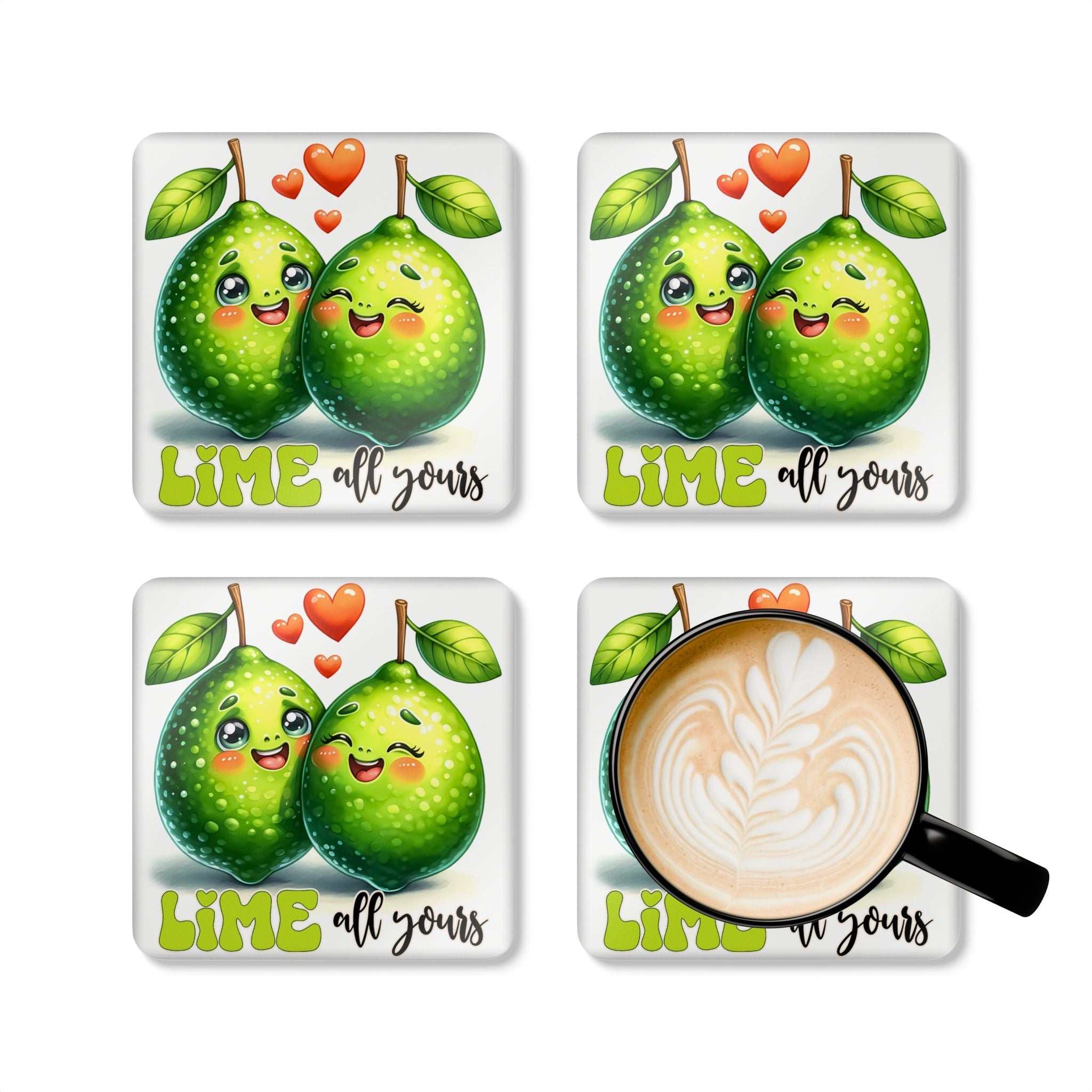 Lime All Yours Coaster Set with vibrant lime designs, perfect for brightening surfaces and protecting tables.