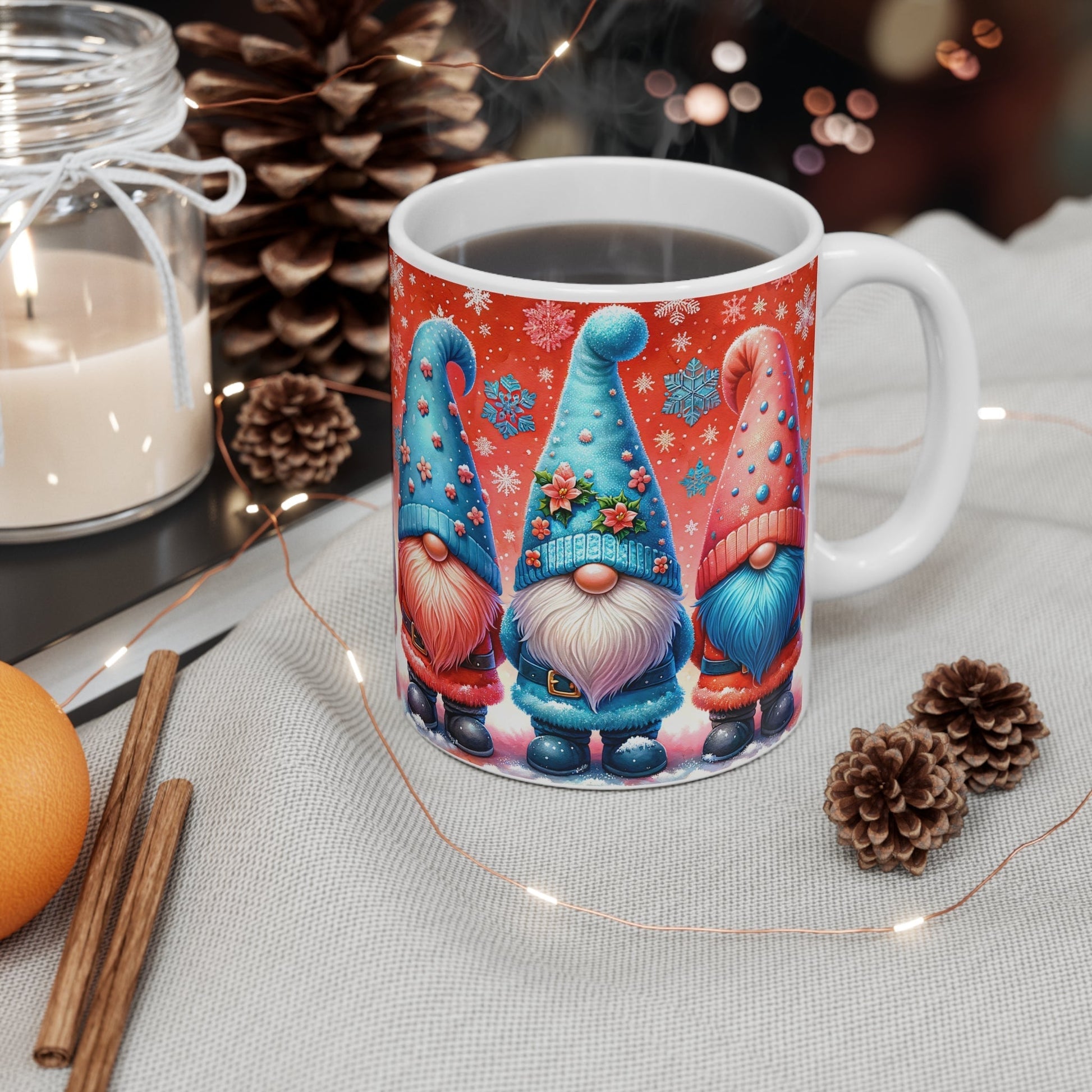 Christmas gnome mug with colorful design and festive background, 11oz ceramic, microwave and dishwasher safe.