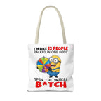 Funny Minion tote bag with cheeky design, durable spun polyester, multiple sizes and colorful handles