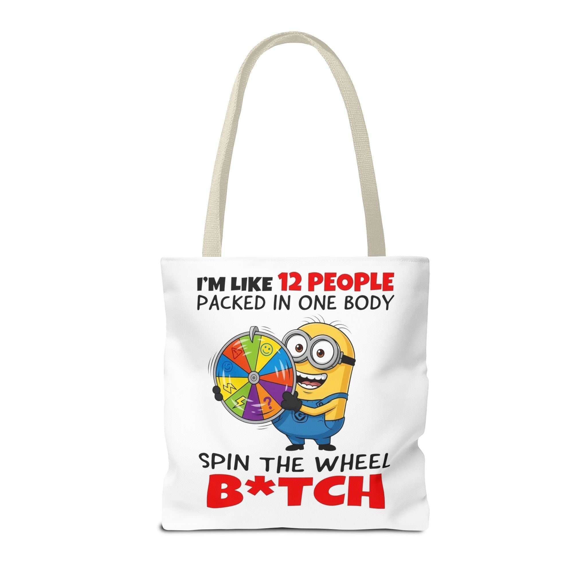 Funny Minion tote bag with cheeky design, durable spun polyester, multiple sizes and colorful handles