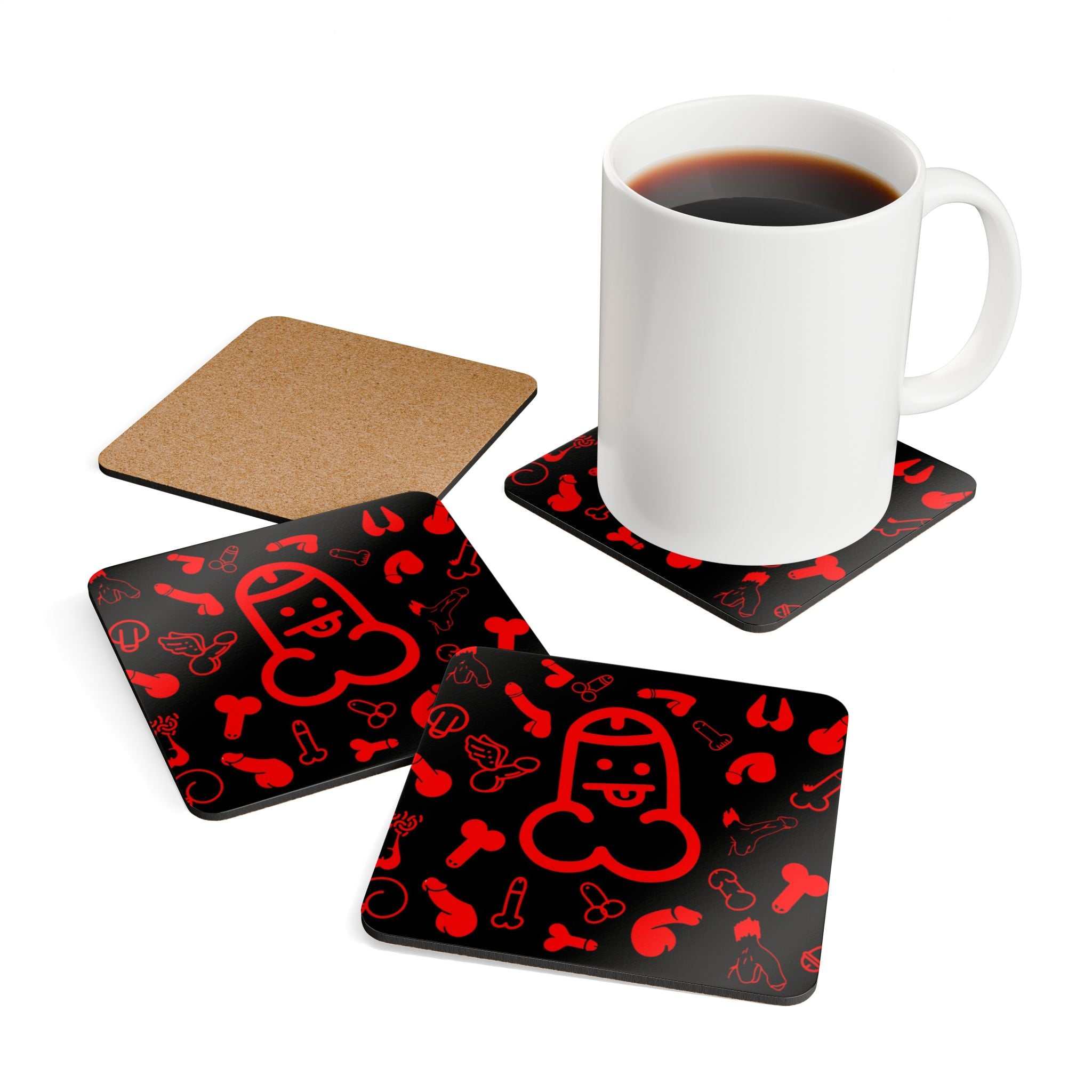 Red Willies Coaster Set with playful pattern, high-gloss MDF top, cork backing, and rounded corners, displayed with a coffee mug.