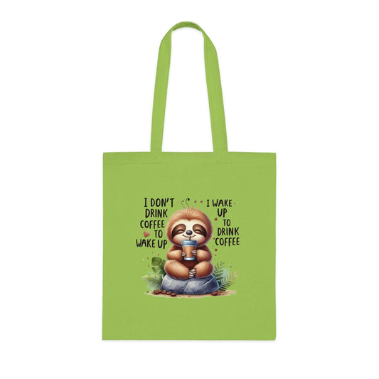 Cute sloth cotton tote bag in green with vibrant coffee-themed design.