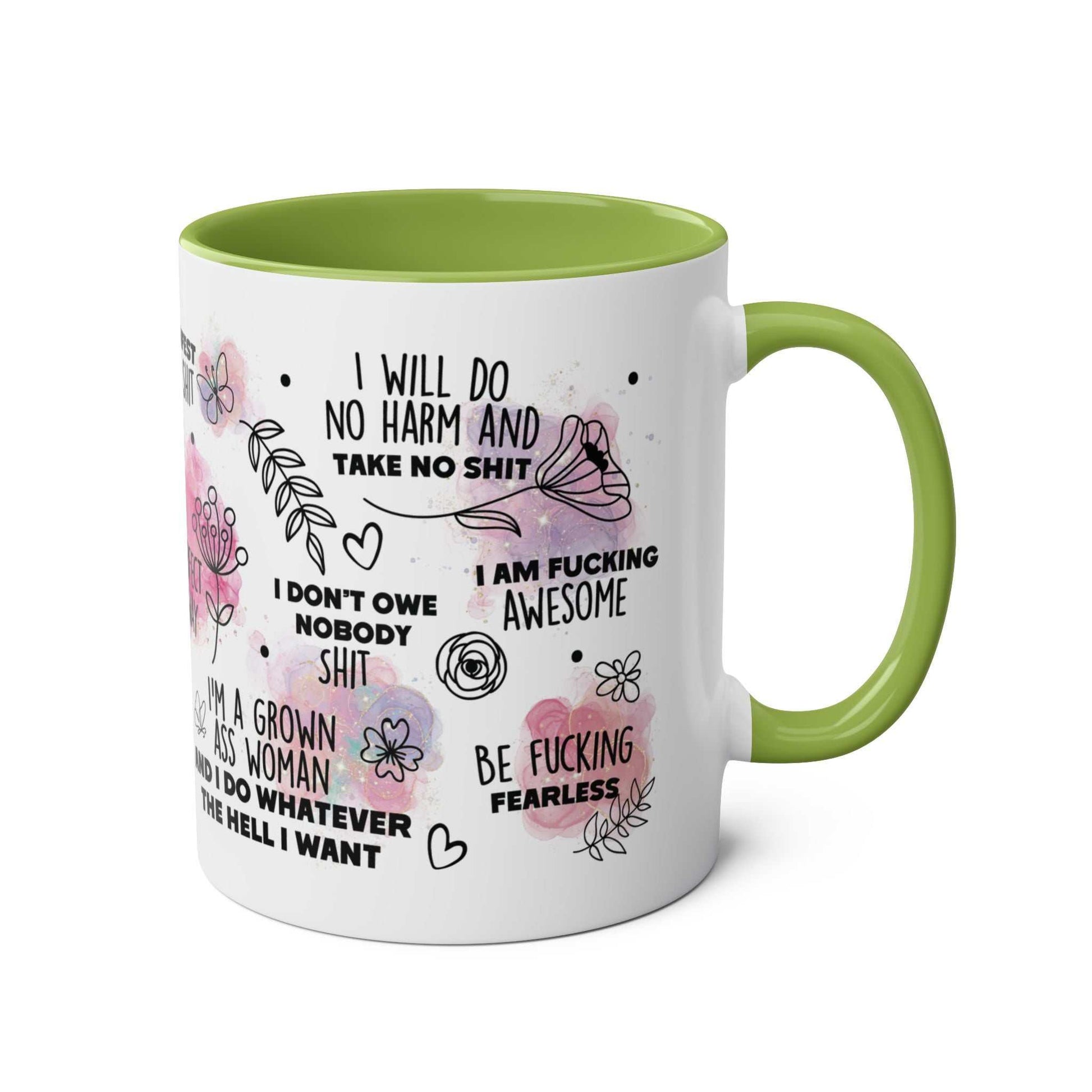 Sweary Quotes Coffee Mug with fun sayings and green interior, 11oz ceramic, dishwasher safe.