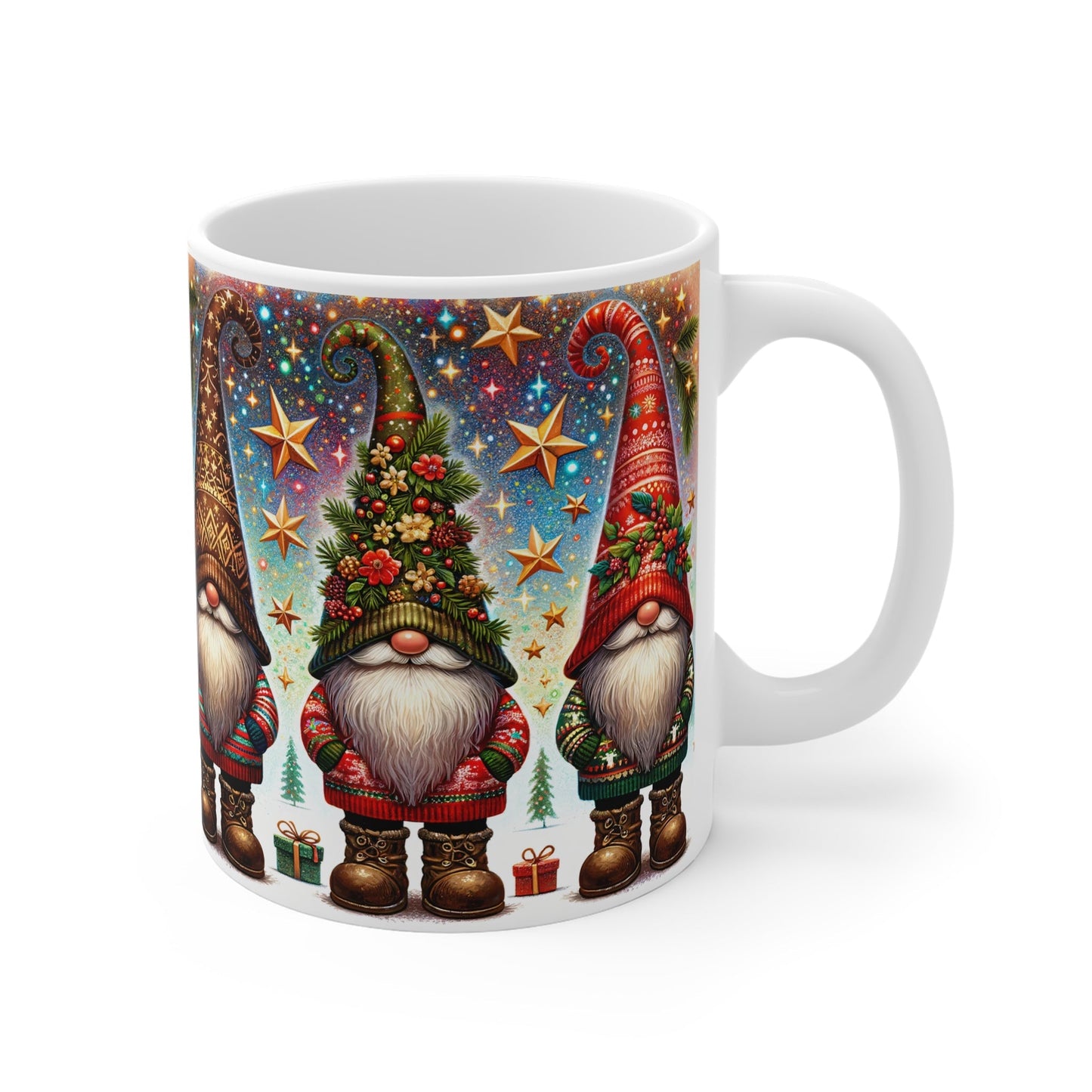 Christmas gnome mug with festive design, 11oz ceramic, glossy finish.