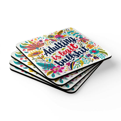 Adulting Is Legit Bullshit Coaster Set with colorful floral design, 4-piece set.