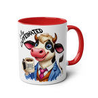 Fun Sarcastic Coffee Mug featuring a cartoon cow with "Fully Caffeinated" text, 11oz ceramic, red interior and handle.