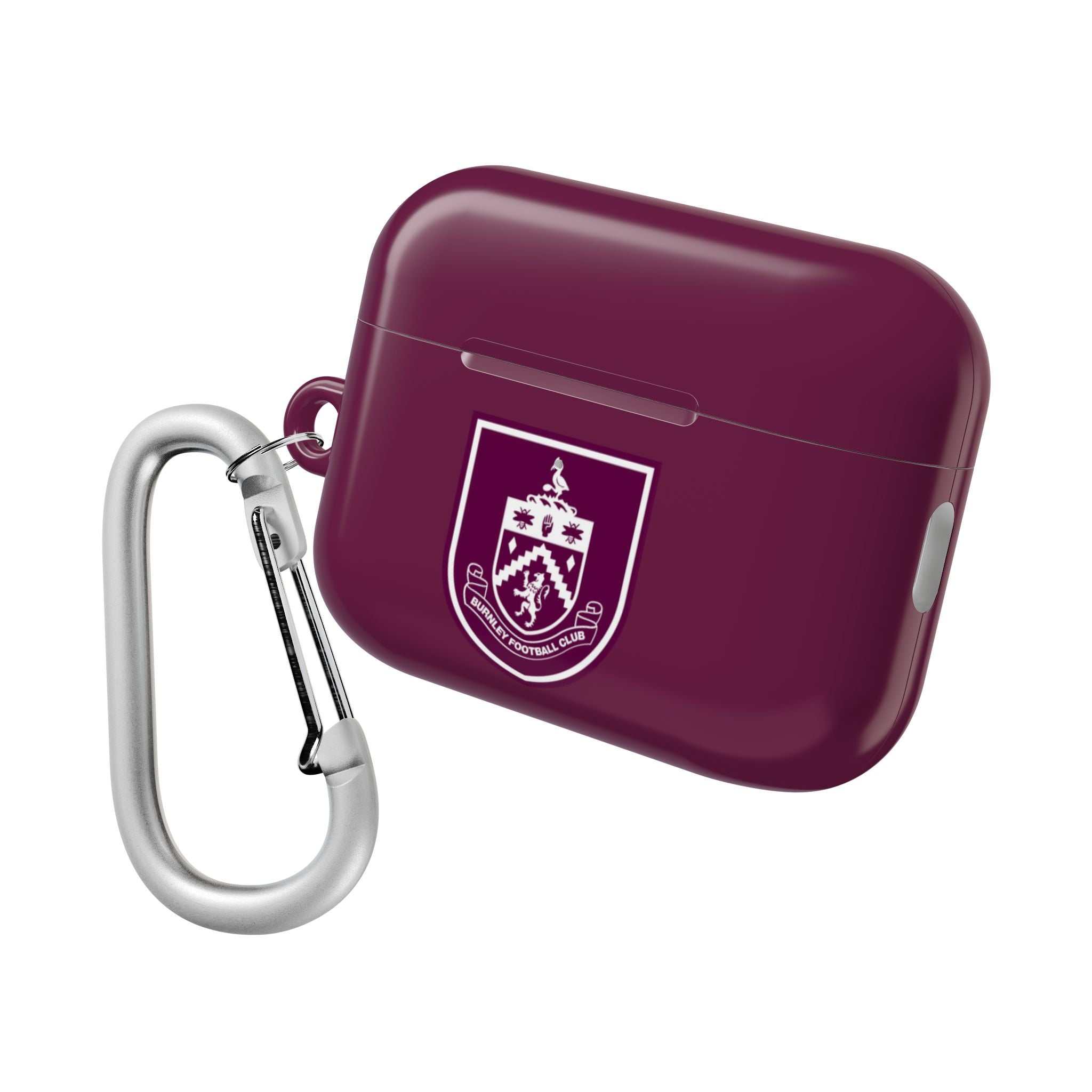 Burnley FC AirPods protective case in claret with club crest and carabiner clip, shock-resistant and wireless charging compatible