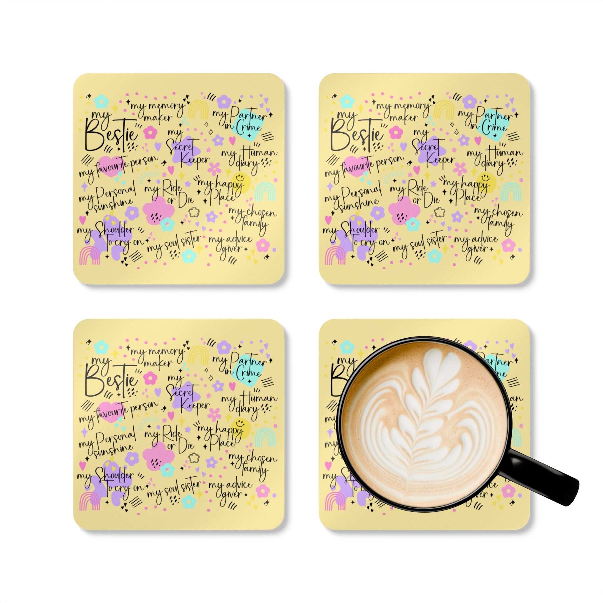 Bestie Yellow Coaster Set with playful designs and high-gloss finish, 4-piece, cork back, rounded corners.