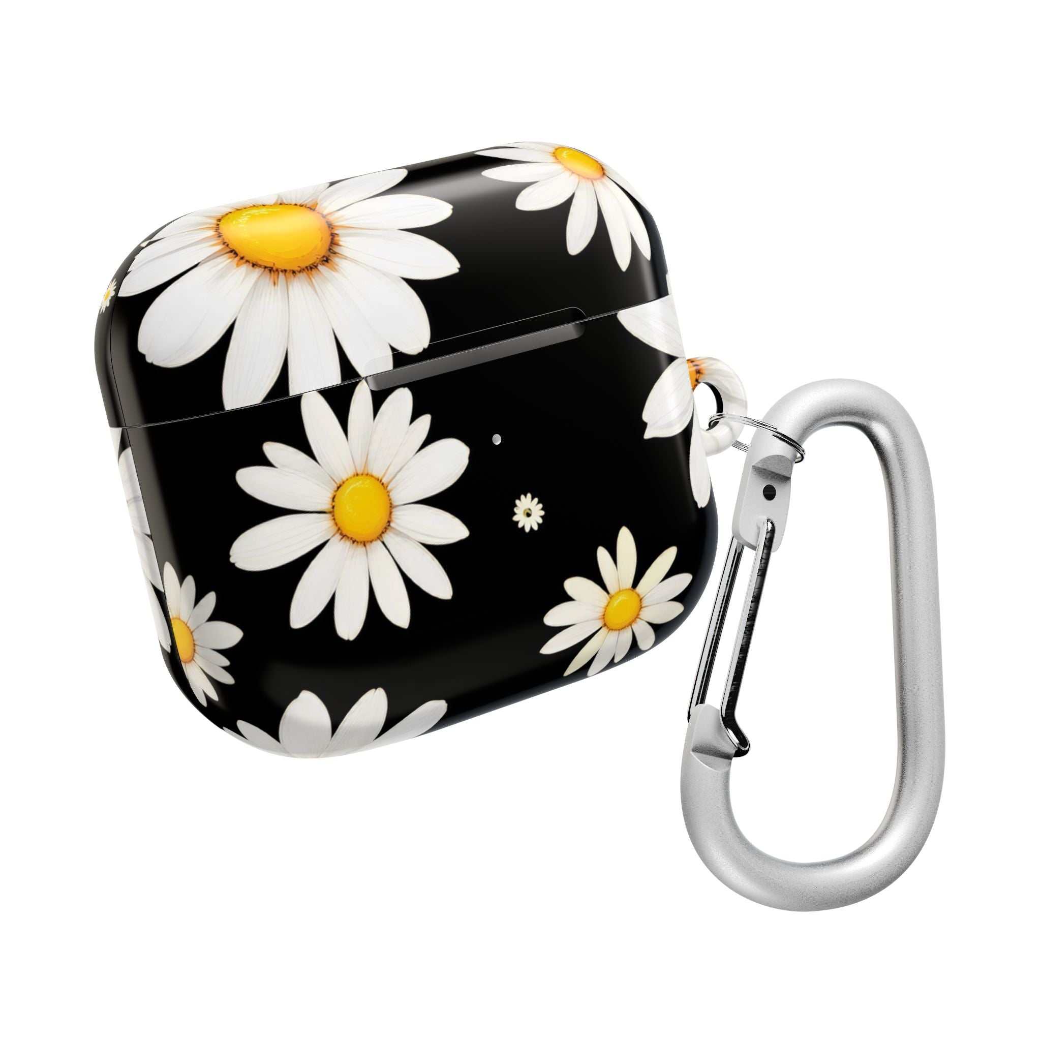 Black daisies AirPods protective case with white daisy print and attached silver carabiner clip