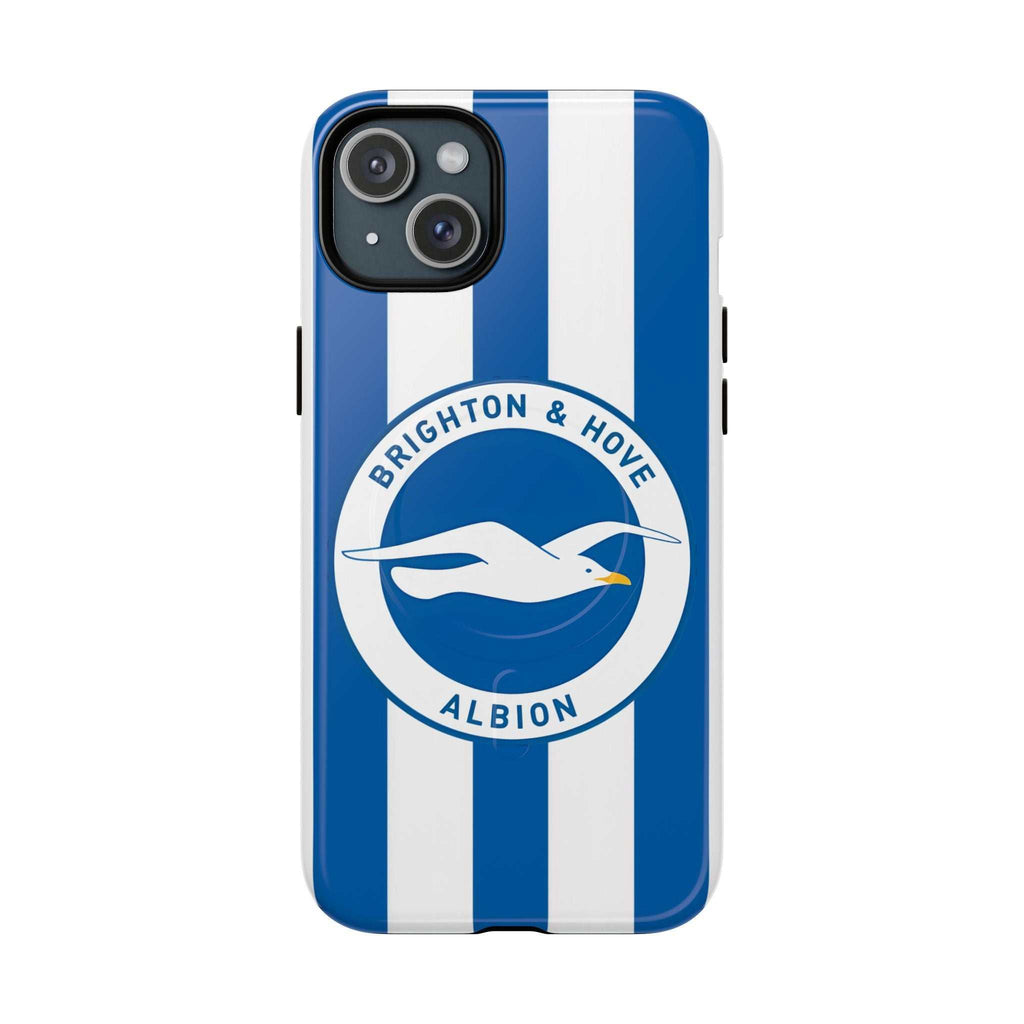 Brighton FC MagSafe iPhone case with blue and white stripes and seagull crest, durable dual-layer protection and wireless charging compatible