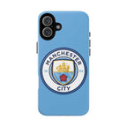 Manchester City MagSafe iPhone case with sky blue color and club logo, durable dual-layer protection, and MagSafe compatibility