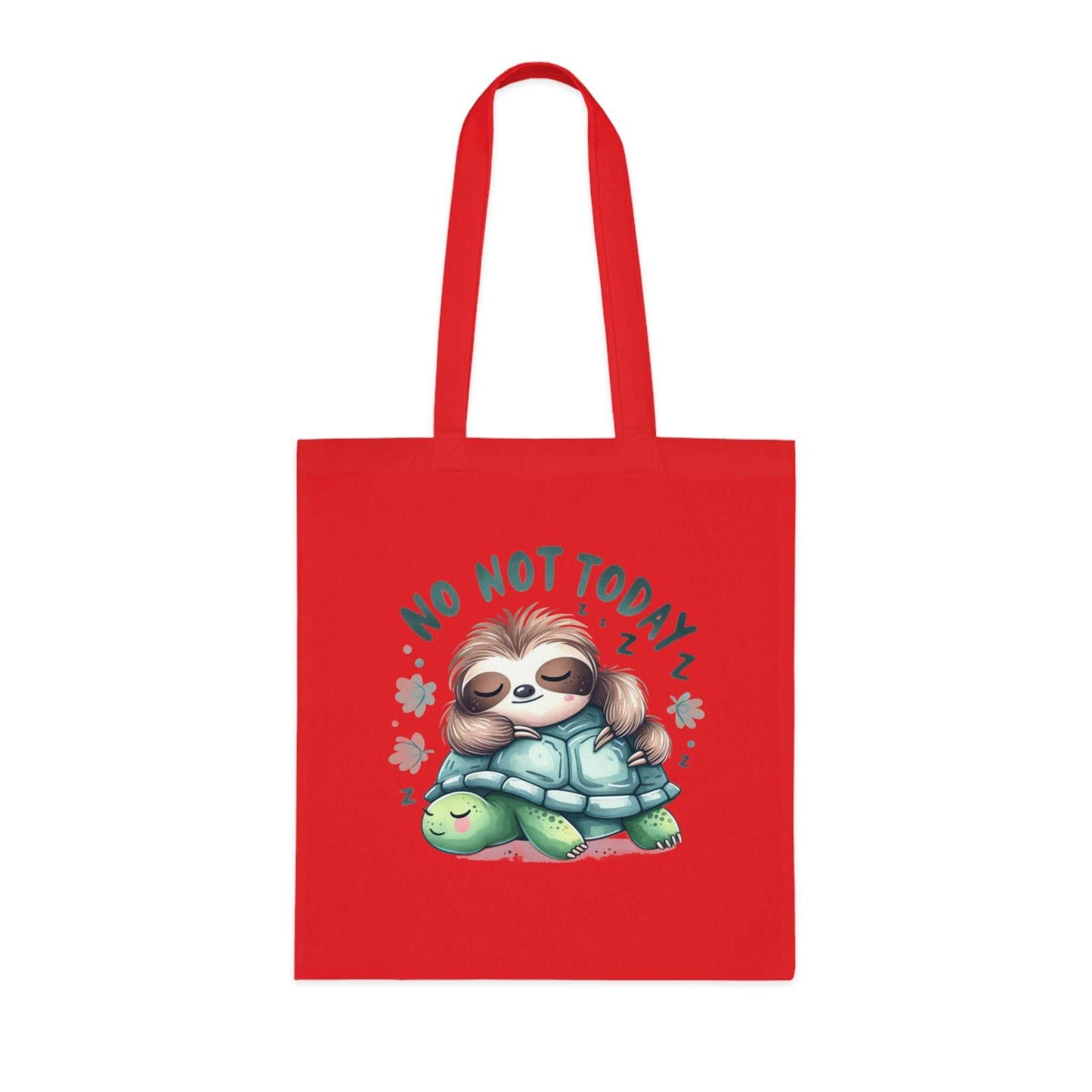 Red cotton tote bag with cute sloth design and "No Not Today" slogan, perfect for sloth lovers.