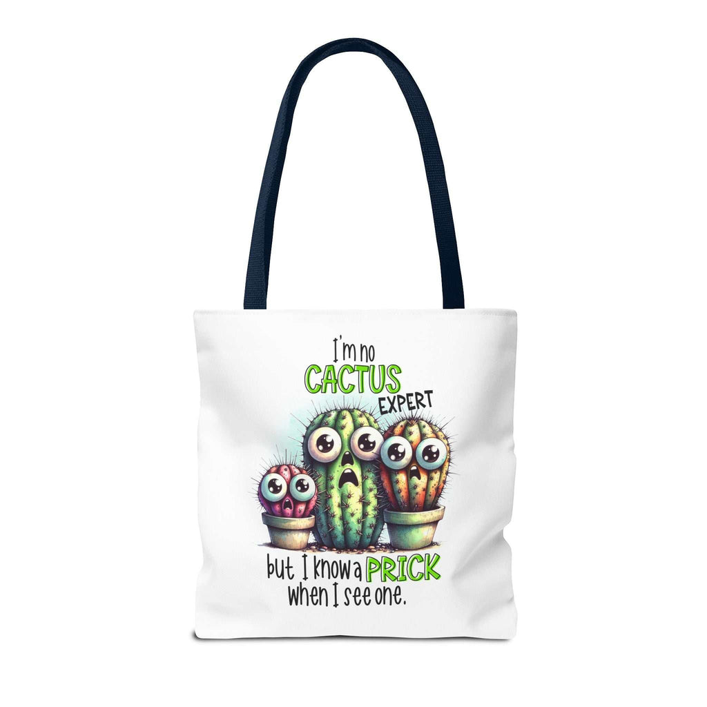 Fun cactus tote bag with cheeky design, durable spun polyester, multiple sizes and handle colors for versatile use
