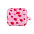 Pink Hearts AirPods protective hard shell case with vibrant red hearts on pink background, compatible with AirPods and AirPods Pro, slim and durable design