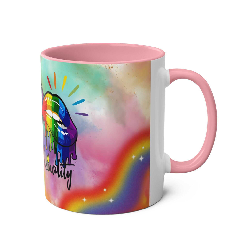LGBTQ+ Pride Mug with vibrant rainbow design, 11oz ceramic, glossy finish.