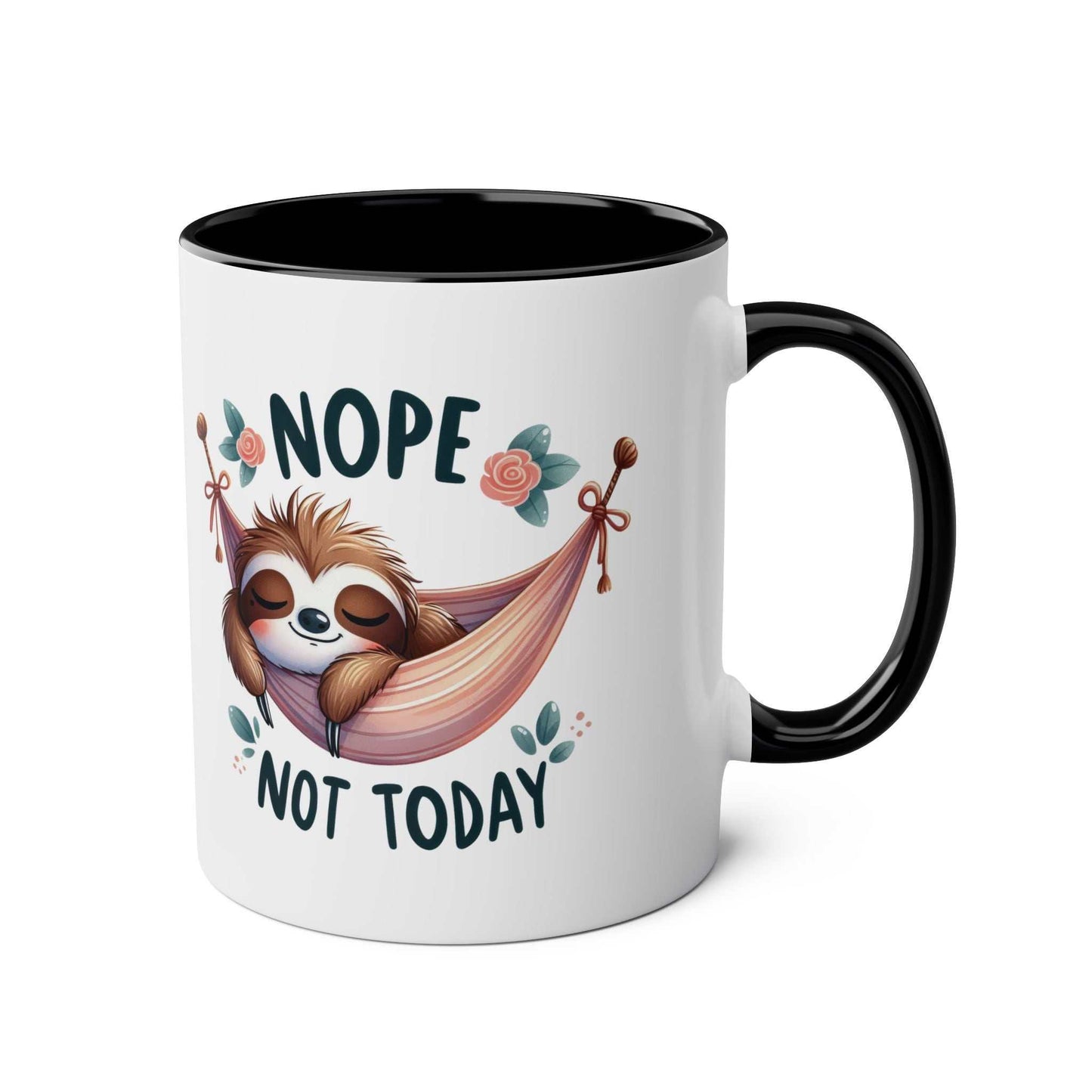 Cute sloth coffee mug with "Nope Not Today" design, whimsical ceramic, 11oz, glossy finish.