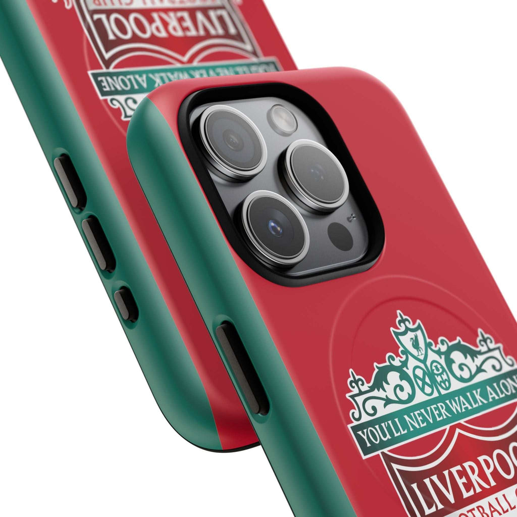 Liverpool FC MagSafe iPhone case with red and green dual-layer design and club crest