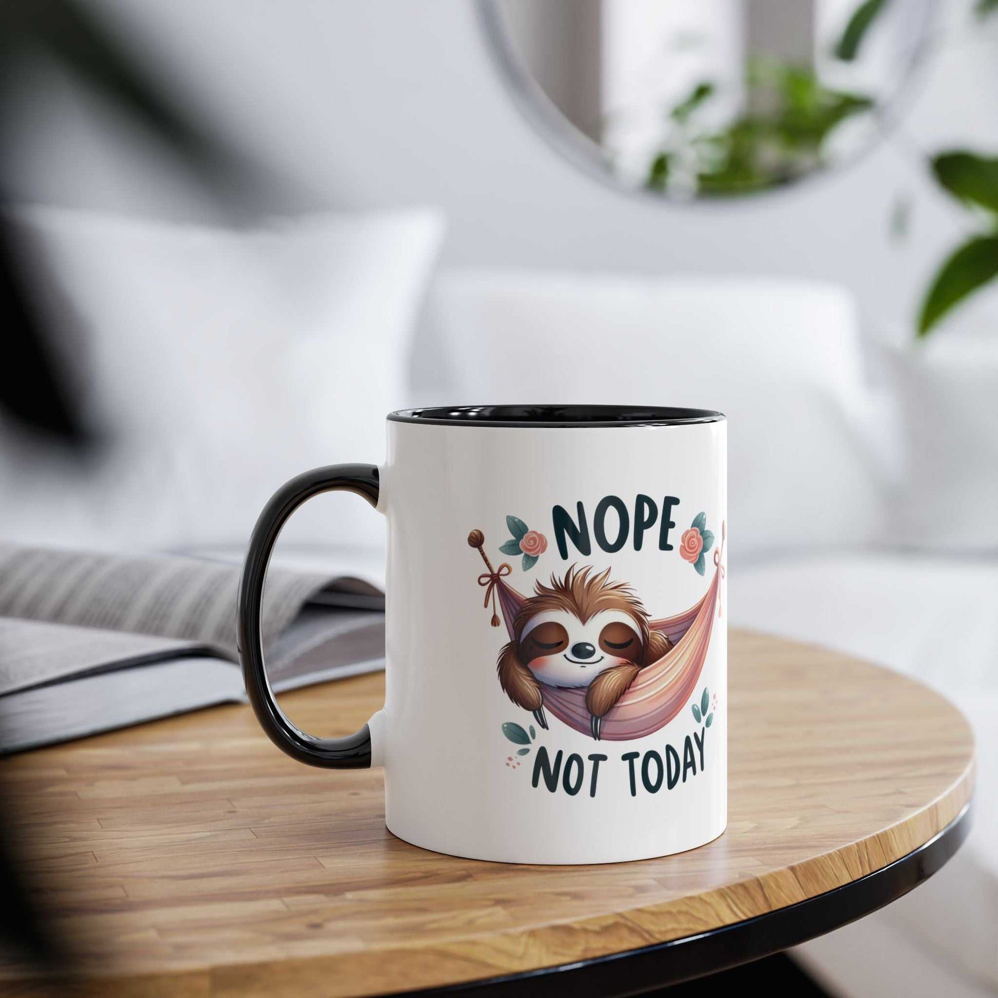 Cute sloth coffee mug with "Nope Not Today" design, perfect for animal lovers and gifting; 11oz ceramic, microwave and dishwasher safe.