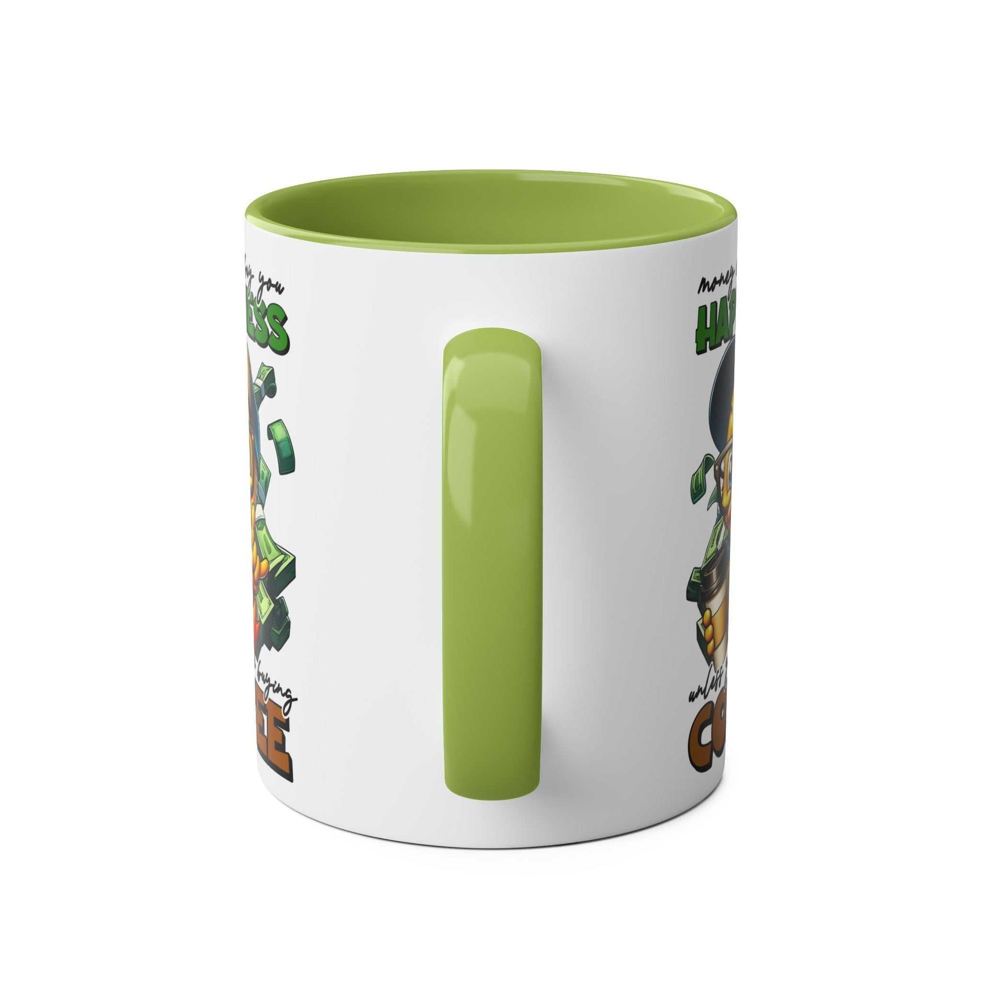 Happiness Coffee Mug with cheerful duck illustration, green handle, and glossy finish.