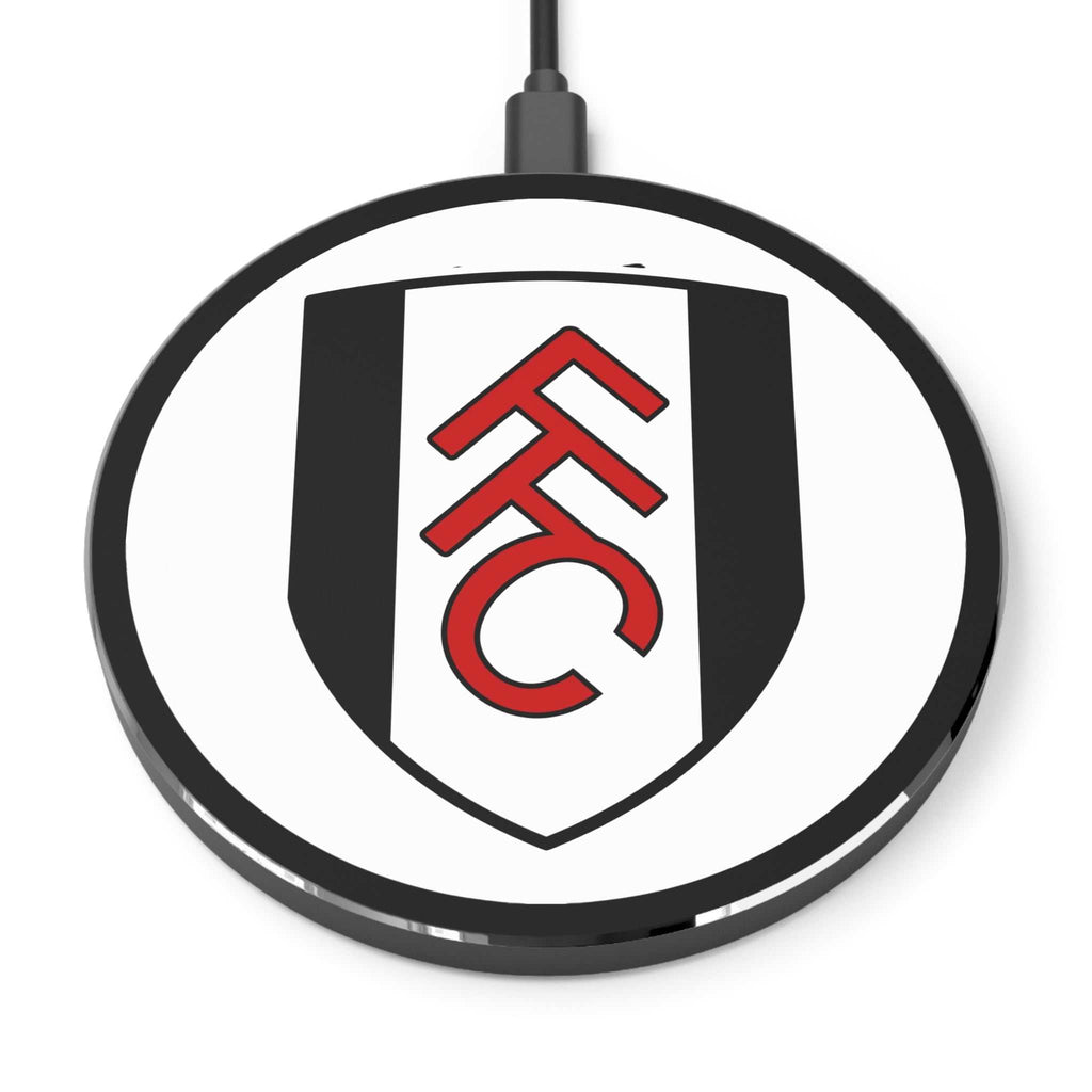 Fulham FC wireless charger with 10W fast charging and durable aluminium casing featuring club crest and black-white design