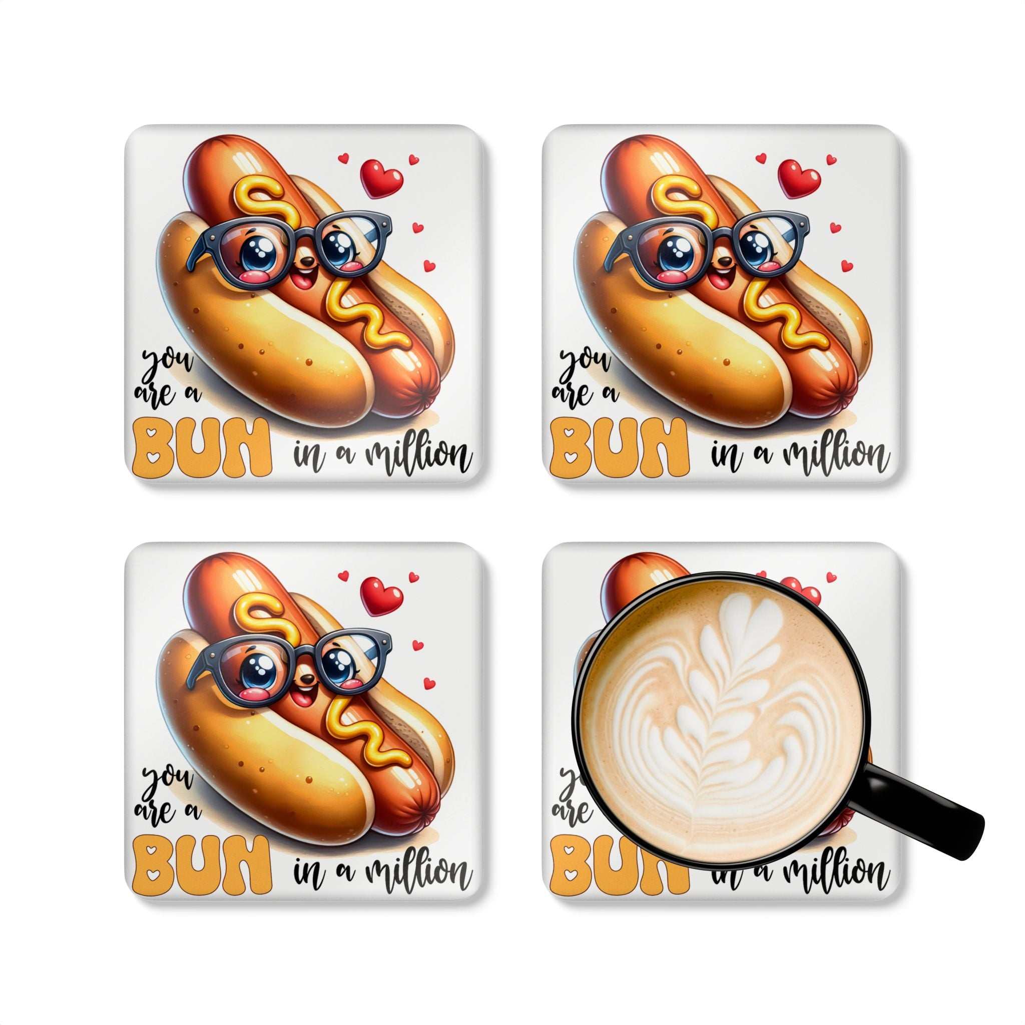 Bun In A Million Coaster Set with quirky hotdog design and playful pun text.