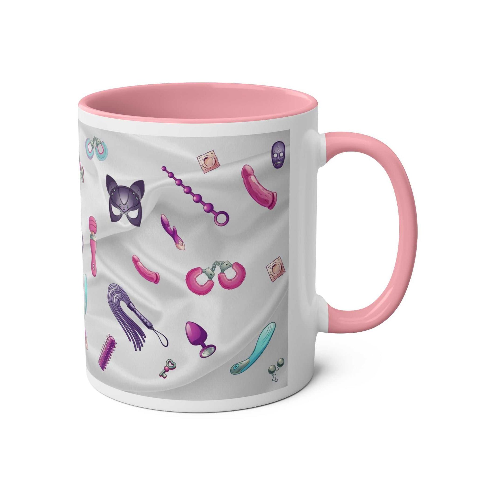 Playful Fun Sex Toy Coffee Mug with colorful designs, ceramic, 11oz, pink handle.