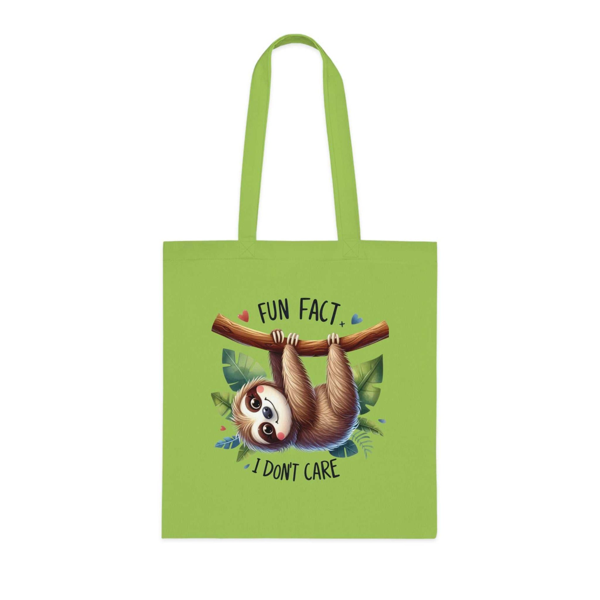 Cotton tote bag featuring cute sloth design with text "Fun Fact, I Don't Care," perfect for sloth lovers.