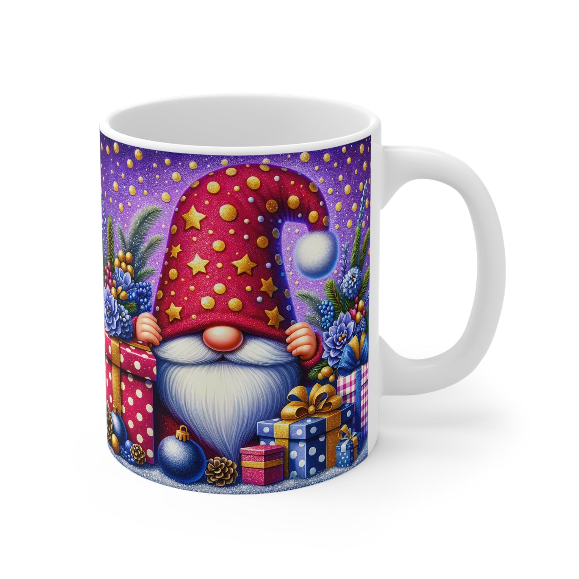 Christmas gnome mug with festive design, 11oz ceramic, glossy finish, microwave and dishwasher safe.