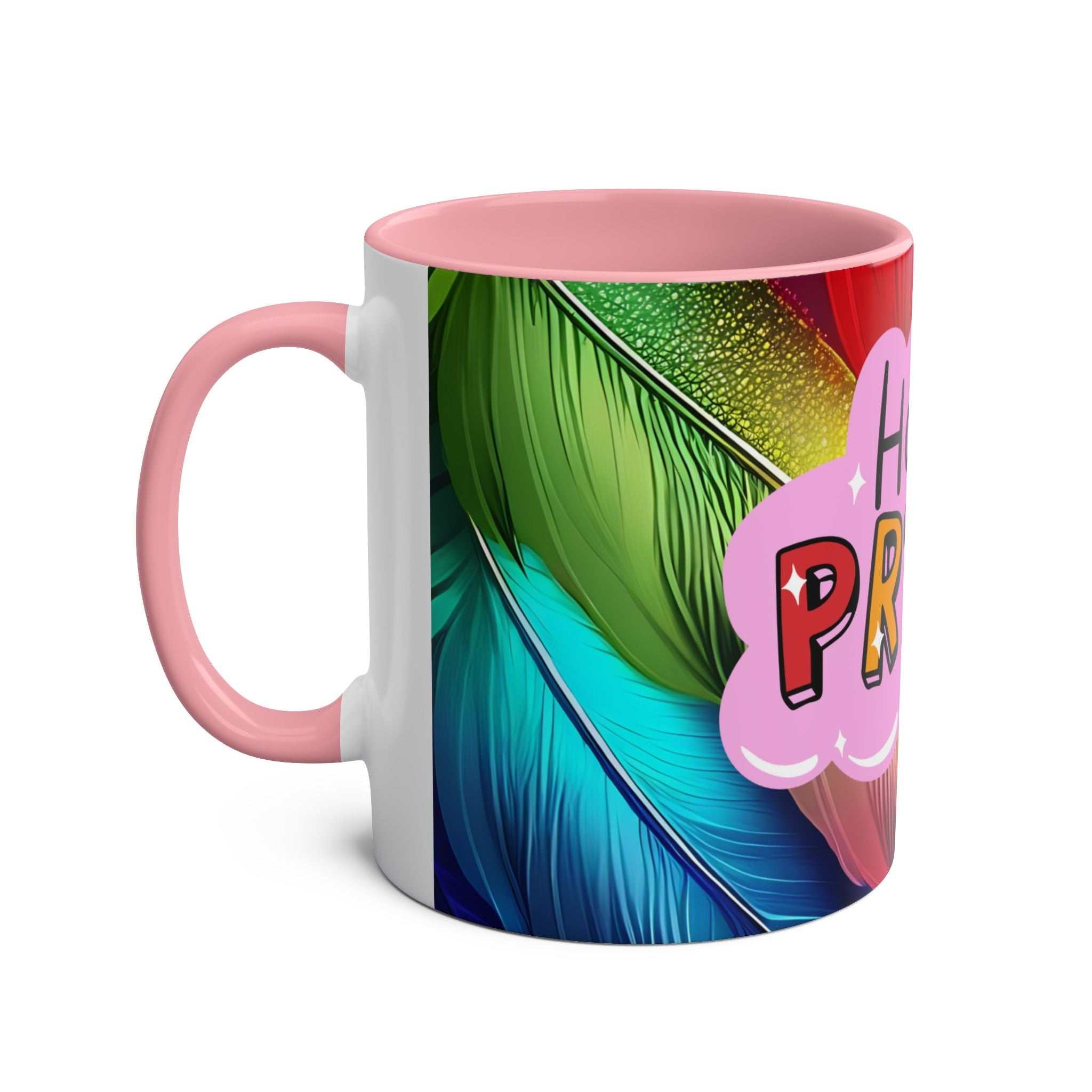 LGBTQ+ Pride mug with vibrant rainbow feather design, pink handle, and glossy finish.