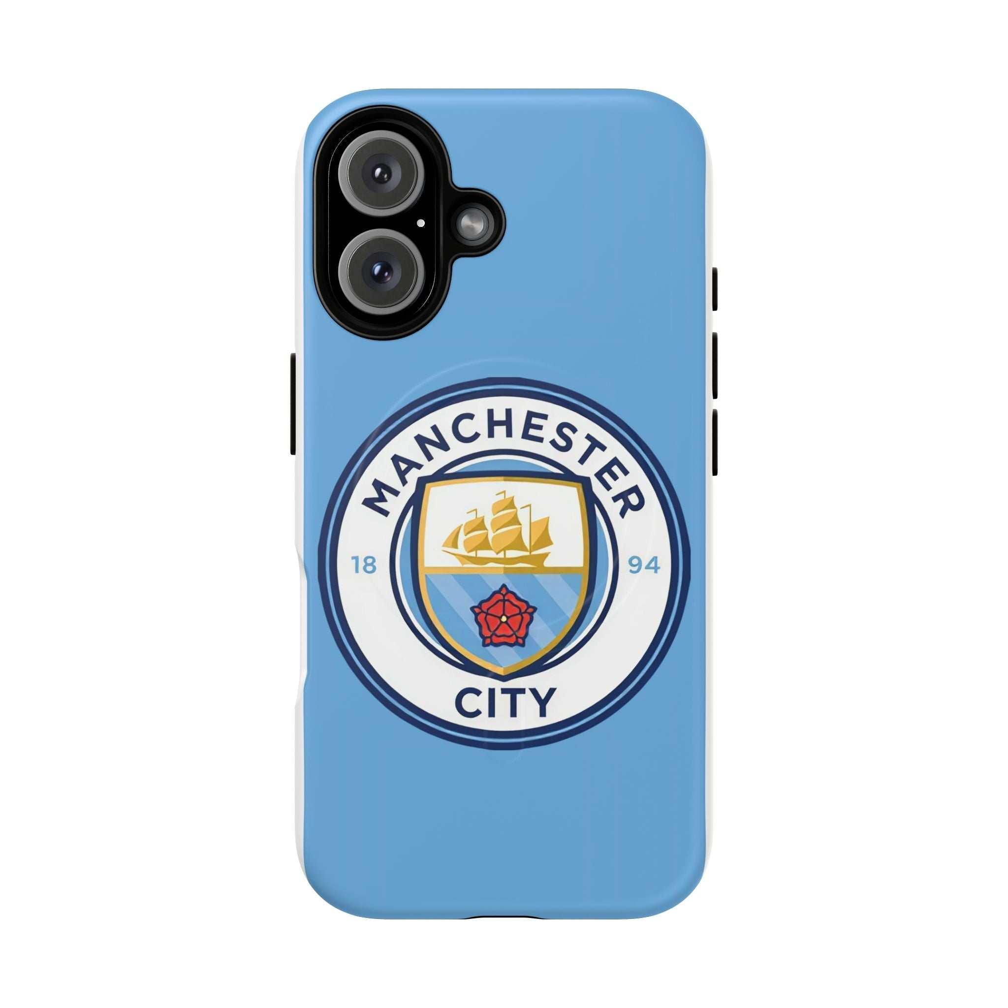 Manchester City MagSafe iPhone case with sky blue color and official-inspired logo, MagSafe compatible, dual layer protection, slim and durable design