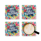 I Gave A Fuck Yesterday coaster set with colorful floral design and cheeky message, 4-piece high-gloss MDF coasters.