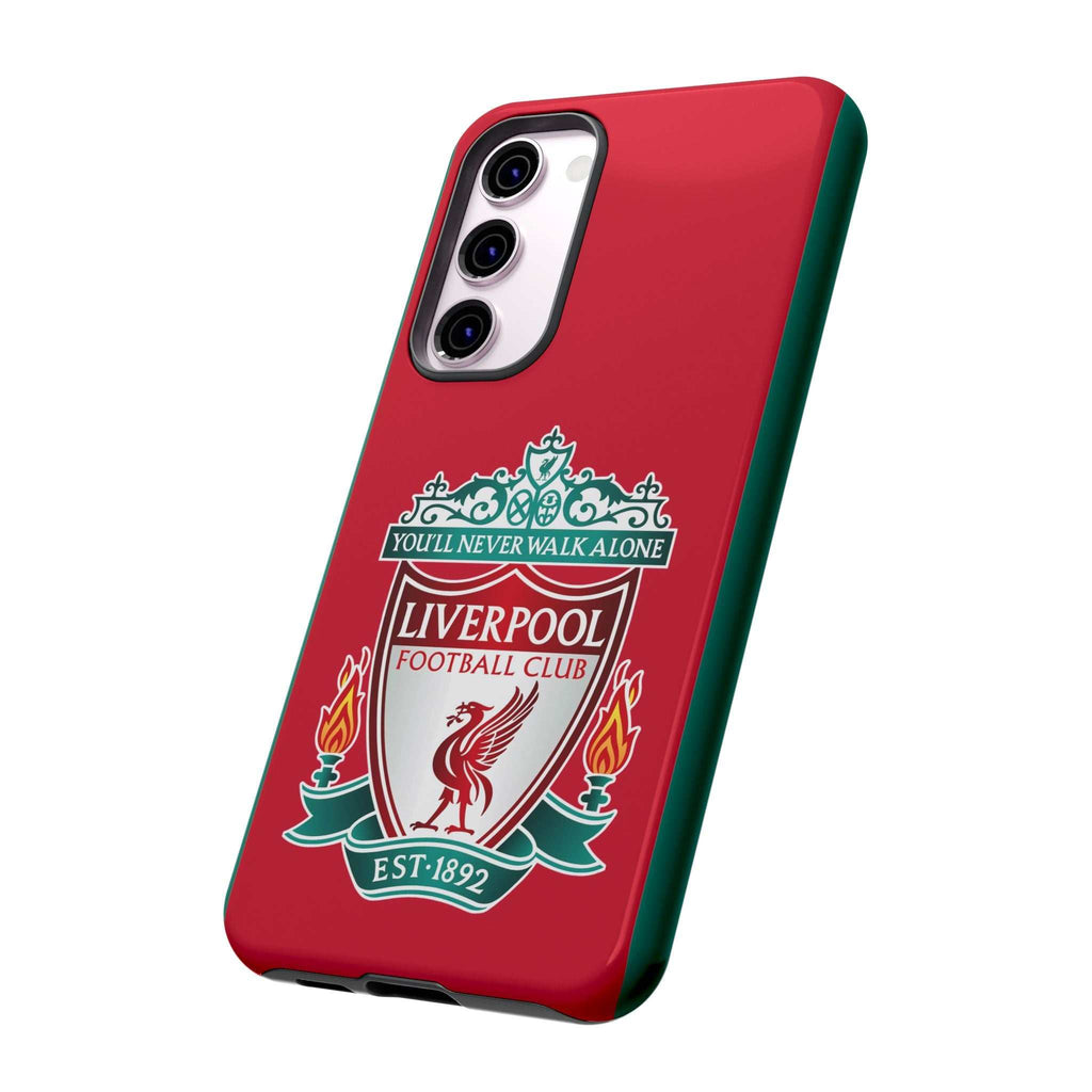 Liverpool FC magnetic shockproof Samsung Galaxy case in red with dual-layer protection and wireless charging compatibility
