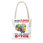 Funny Minion tote bag with cheeky design and colorful handles